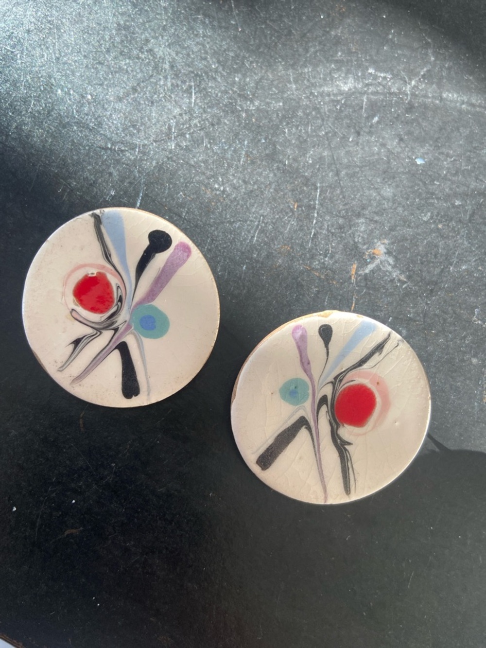 Vintage Round Artisan made porcelain glazed earrings. 70’s